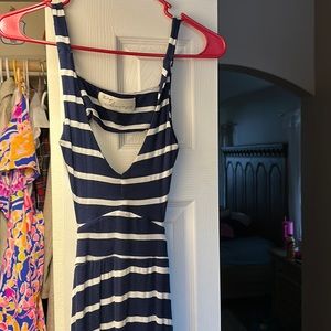 Blue and white striped backless maxi dress